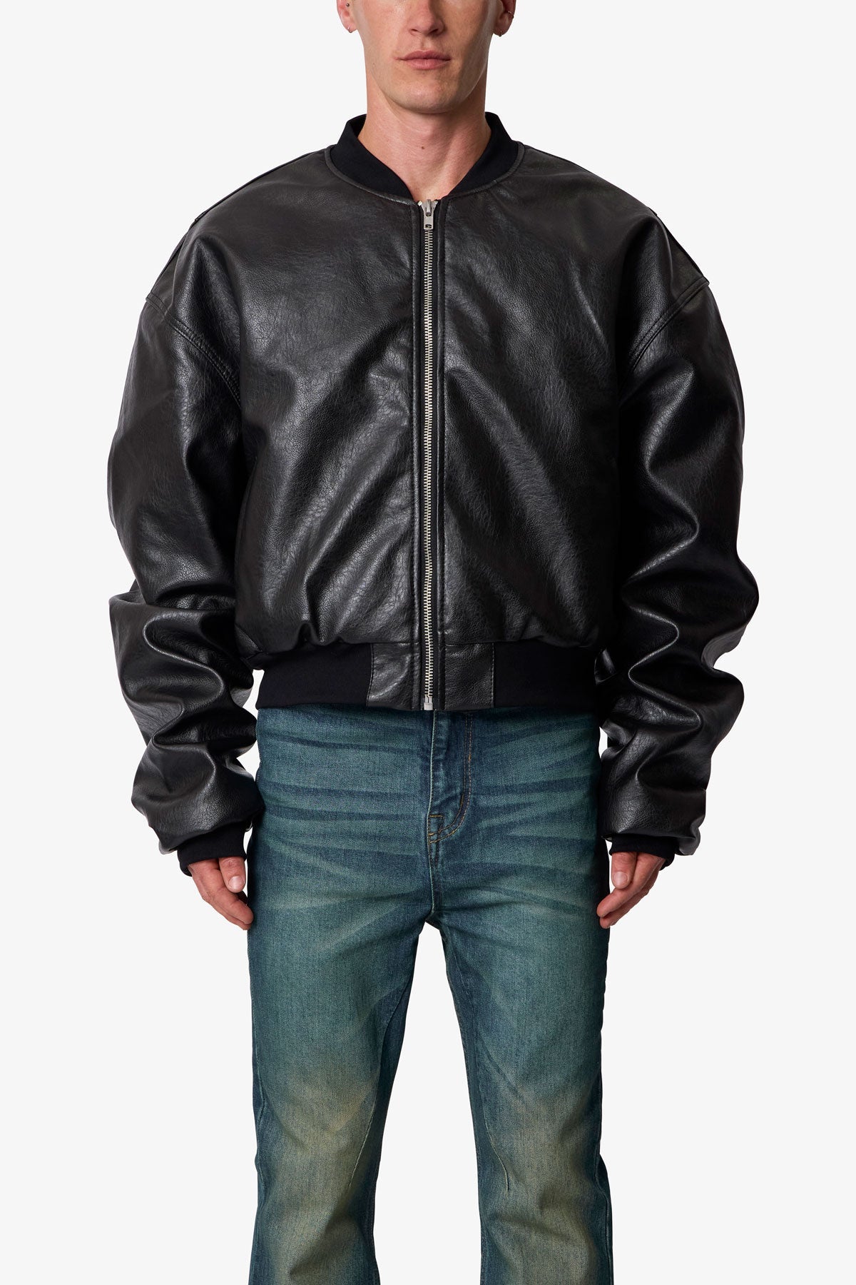 LEATHER OVERSIZED BOMBER JACKET