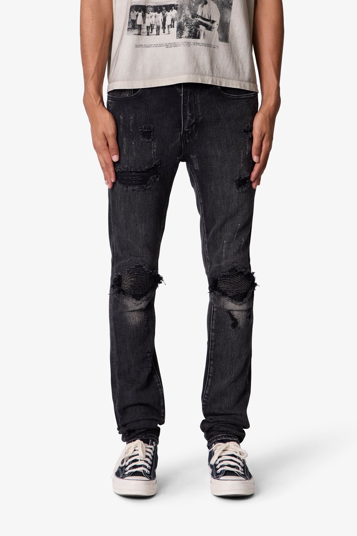 SKINNY DISTRESSED MOTO DENIM