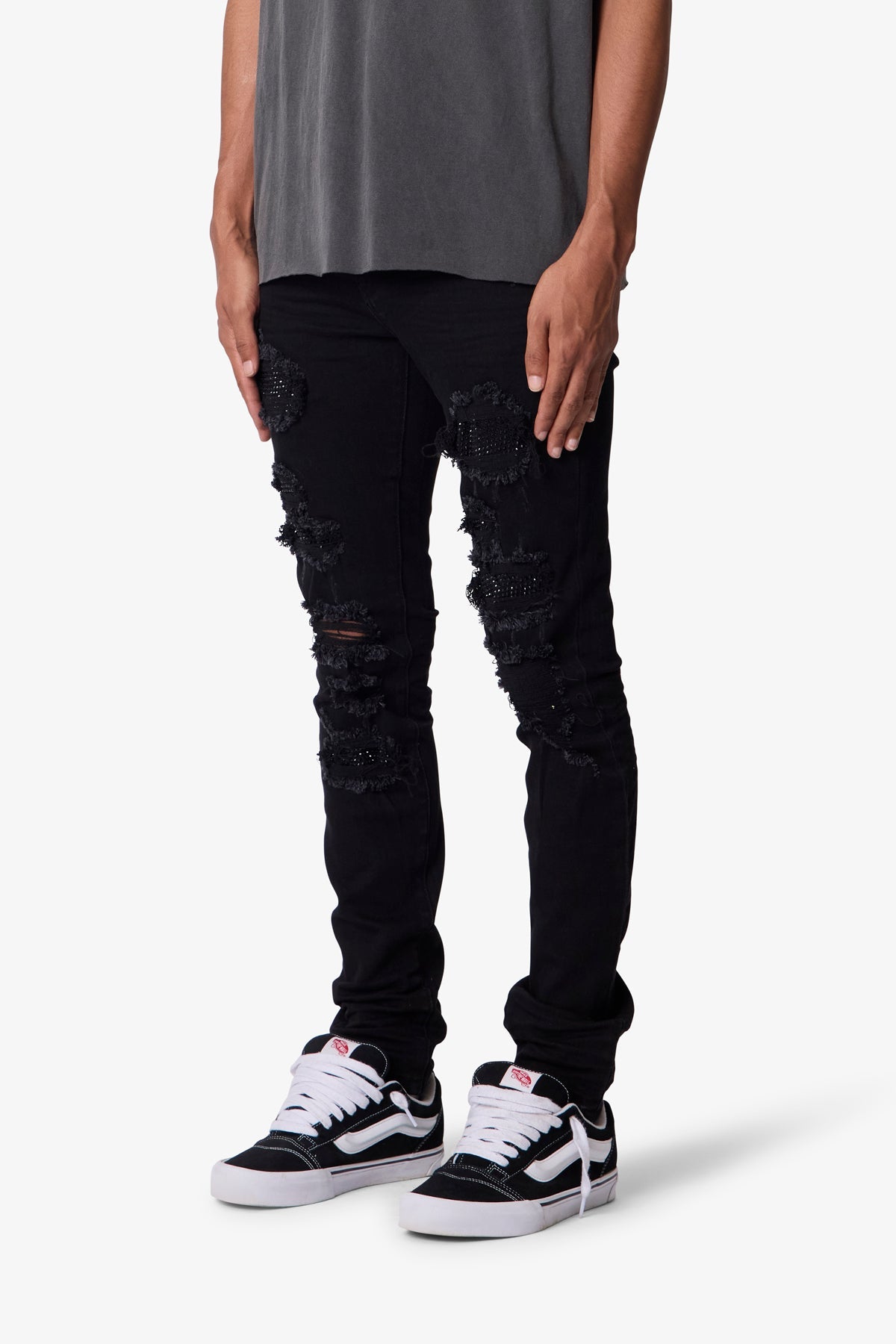 SKINNY DISTRESSED RHINESTONE DENIM