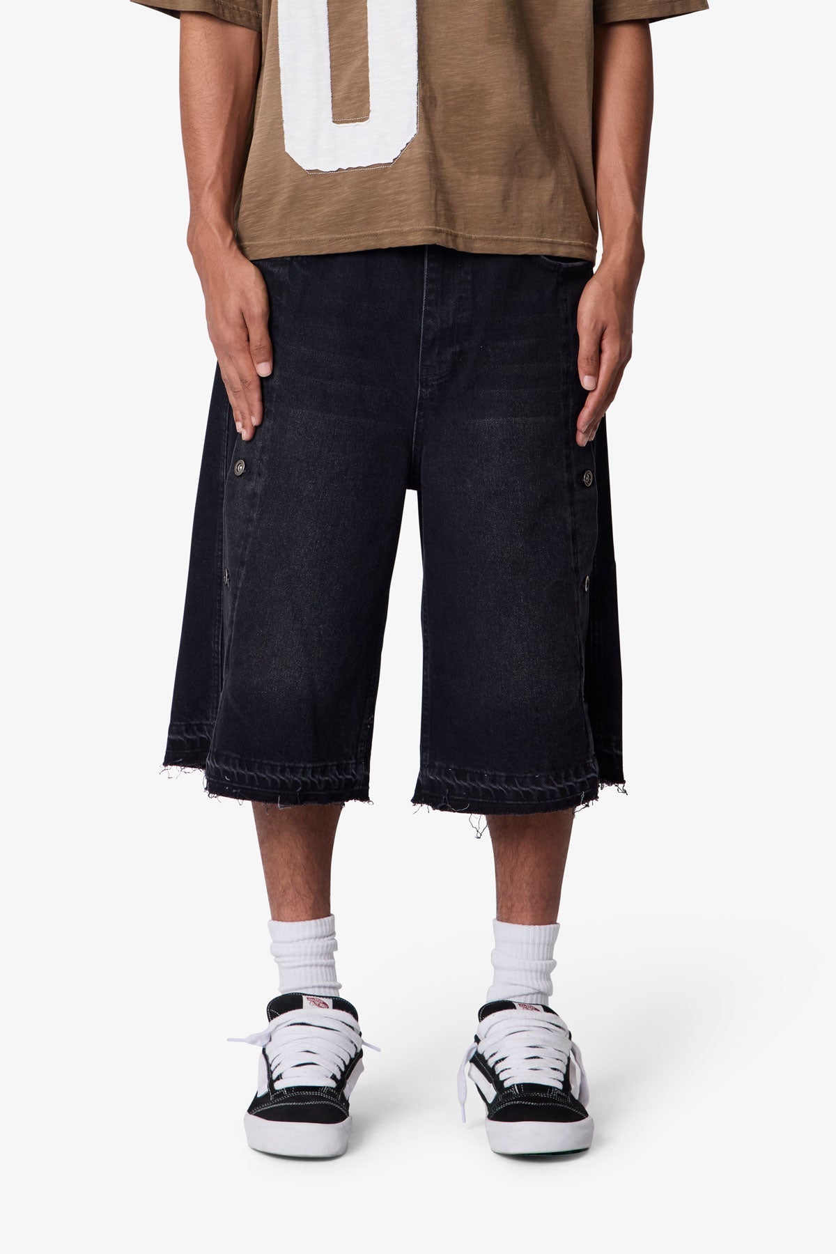 ULTRA BAGGY OFFSET BUTTON DENIM SHORTS