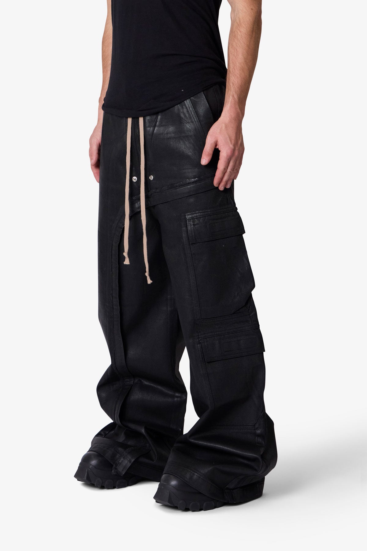 WAXED RAVE SEAM CARGO PANTS